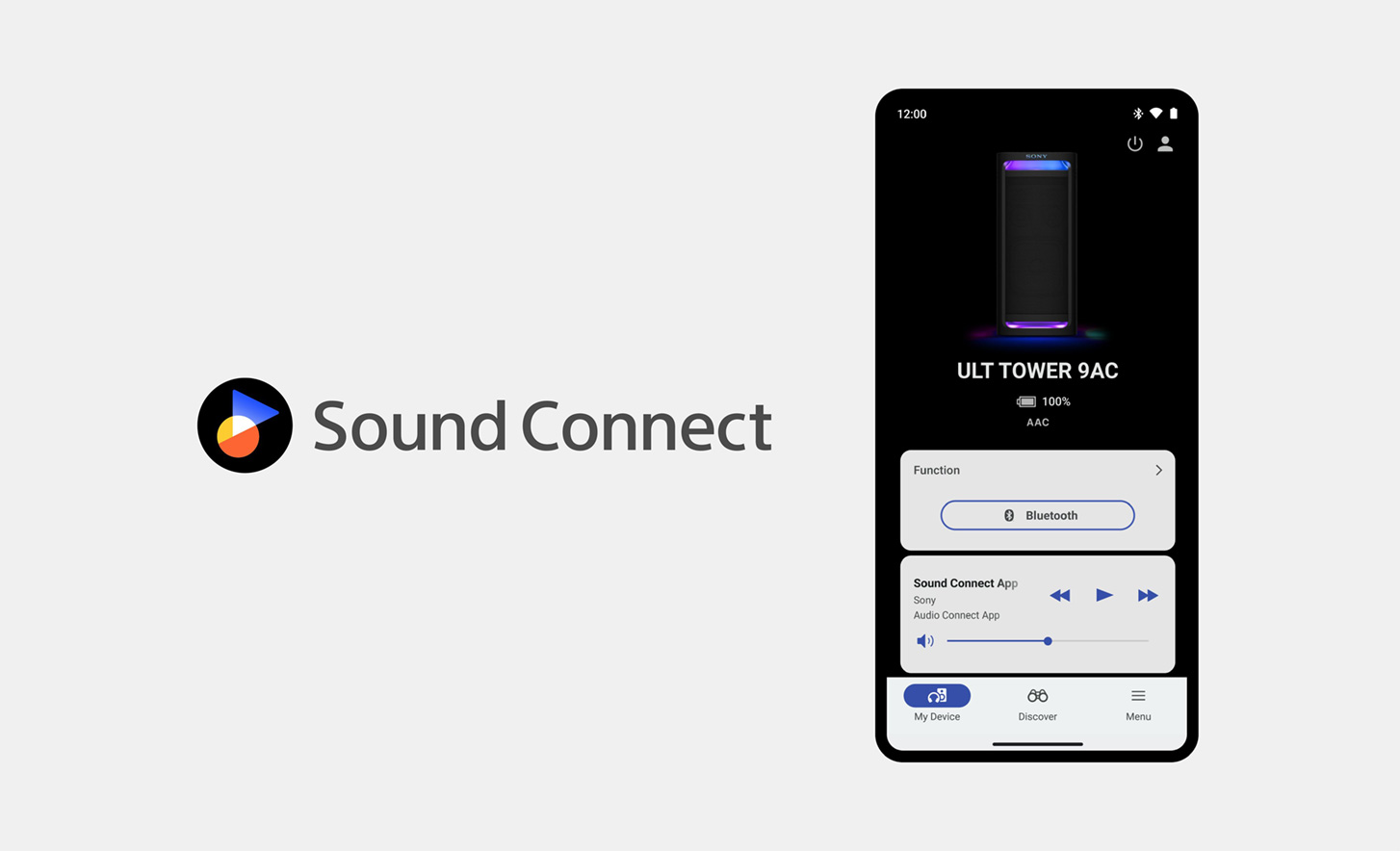 Logoul Sound Connect lângă o imagine cu un telefon mobil, cu aplicația Sony Sound Connect vizibilă pe ecran