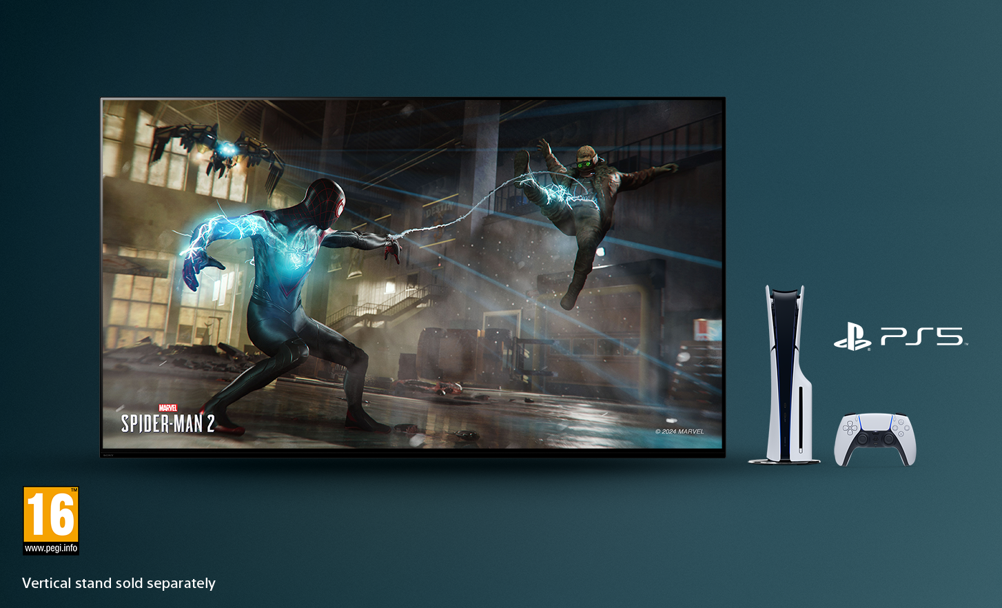 TV cu imagine din Marvel SPIDER-MAN 2 și consola PlayStation® 5 cu un controler în dreapta, cu logoul PEGI 16 în stânga jos
